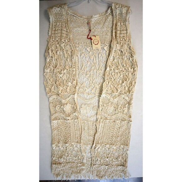 Raga x Anthropologie Women's Sz S Beige Open Front Sleeveless Crochet Cardigan - Picture 10 of 11